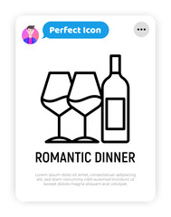 Wine bottle and two glasses thin line icon. Romantic dinner. Modern vector illustration.