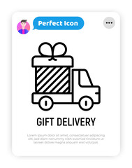 Gift delivery: truck with big present. Thin line icon. Logo for transportation service. Modern vector illustration.