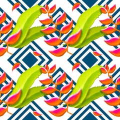 Pink Orange Green Leaf on Blue. Geometric ethnic oriental pattern traditional Design for background,carpet,wallpaper,clothing,wrapping,Batik,fabric, illustration embroidery style