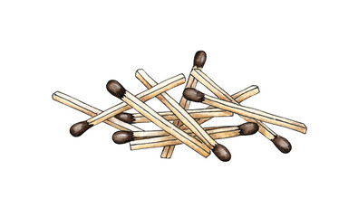 Watercolor illustration of matches scattered in a slide. Get the flame. Light the fire. Burnt wooden stick. Hand drawn doodles. Isolated on white background. Drawn by hand.