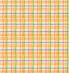Hand penciled drawn seamless pattern. Red, orange, green, pink, blue check. Paper texture. Yellow endless background.