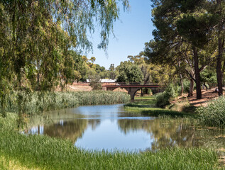 Fototapeta na wymiar An old bridge over a creek running through the park, in South Australia