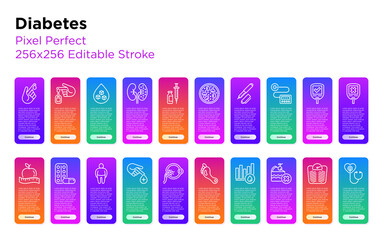Diabetes thin line icons set: blood test, glucometer, glucose level, insulin pen, hyperglycemia, insulin pump, diabetic retinopathy, medical checkup Pixel perfect, editable stroke. Vector illustration