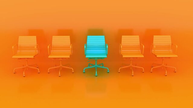 Blue chair standing out from the crowd. Business concept. 3D Animation. 4K Ultra Hd. 
