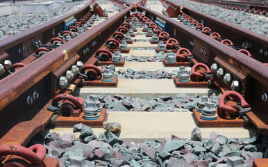 Railway or train railroad track details closeup.