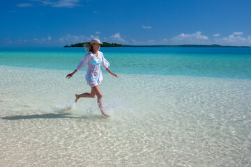 Luxury vacation at a tropical lagoon on Tapuaetai (One Foot Island) in Aitutaki Lagoon in the Cook Islands in the South Pacific.