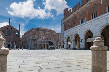 Piacenza city, Italy. Old Town with piazza Cavalli (square horses), palazzo Gotico (gothic palace - XIII century) and the Basilica of San Francesco d'Assisi. Padan Plain and the Emilia Romagna region