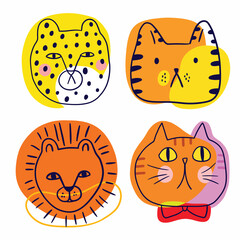 Cartoon cute tiger lion and cat head vector.