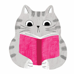 Cartoon cute cat reading book vector.