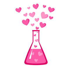 Love chemistry, love reaction in flat design on white background. Valentine’s Day concept. Design for greeting card, poster, banner.