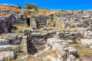 Ancient Thera housing ruins. Ancient city remains at the Messavouno (Mésa Vounó) mountain on...