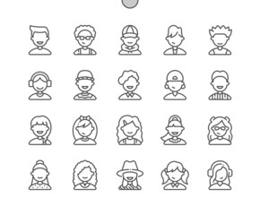 Kids avatars. Cute children, boys and girls faces. Pixel Perfect Vector Thin Line Icons. Simple Minimal Pictogram