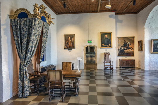 Interior of Malmo Castle (or Malmohus slott) in Malmo, built from 1537 to 1542 on the ruins of old fort, is oldest preserved Renaissance castle in Scandinavia. Malmo, Scania, Sweden. August 11, 2019.
