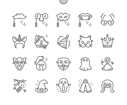 Costume party. Witch hat, scream mask, bad clown, pirate hat. Halloween celebration. Pixel Perfect Vector Thin Line Icons. Simple Minimal Pictogram