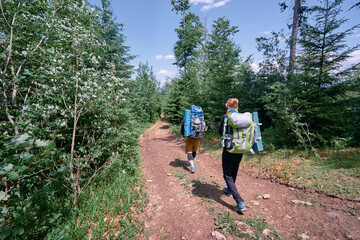 Obraz premium Rear view of two young people walking down the trail path on forest. Young couple hiking with backpacks.