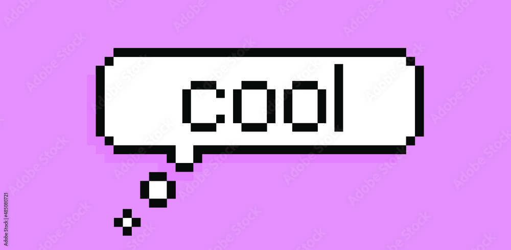 Poster speech bubble in pixel art style on a pink background.