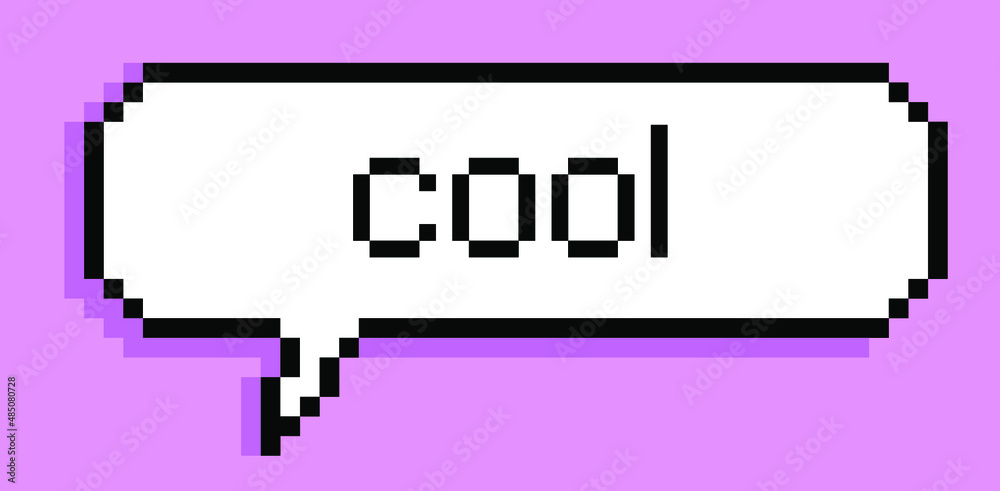 Poster speech bubble in pixel art style on a pink background.