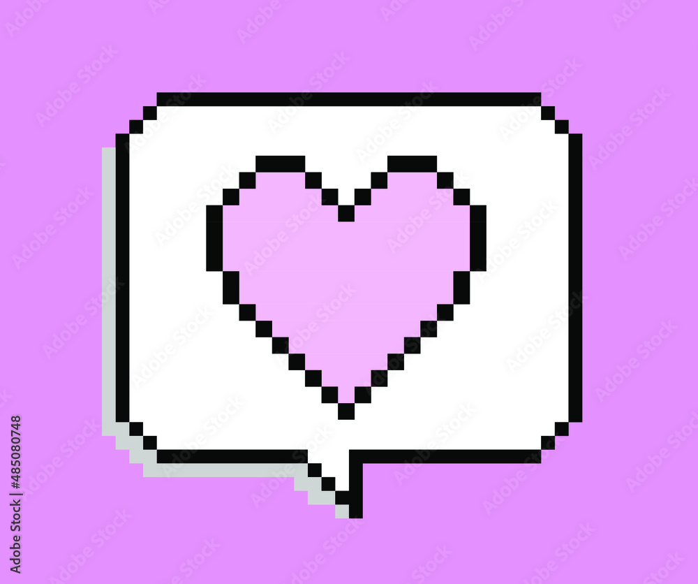 Poster speech bubble in pixel art style on a pink background.