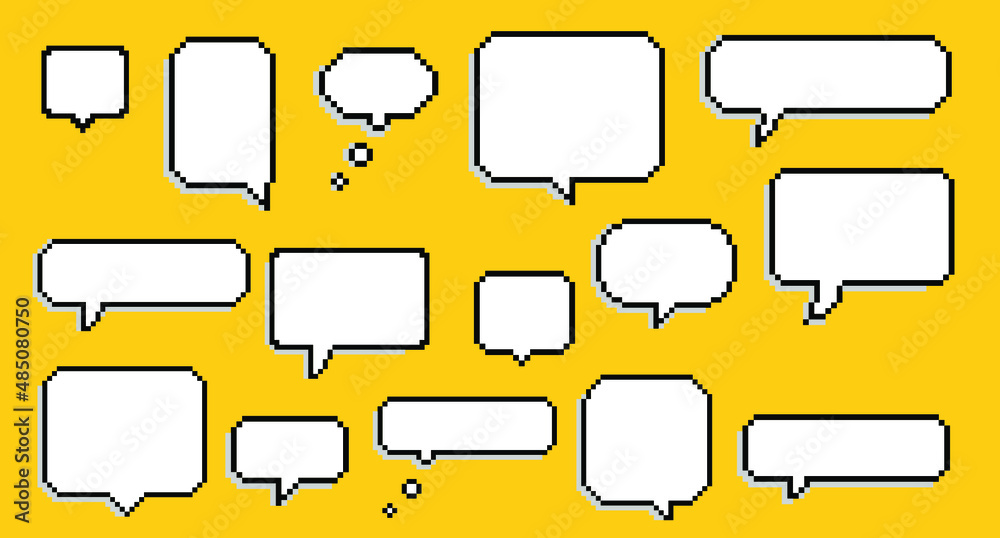 Poster set of speech bubbles in pixel art retro 90's style.