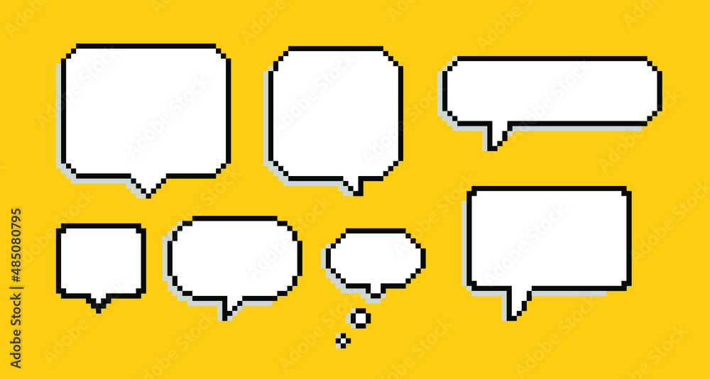 Poster set of speech bubbles in pixel art retro 90's style.
