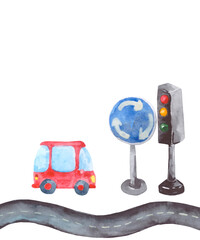 A black ribbon of road, a red car, a road sign and a traffic light. Watercolor elements isolated on a white background for the decoration of illustrations about the road and adventures.