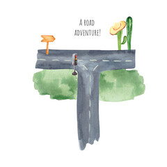 A piece of paved road with lawns, cacti, a hat, a traffic light and a sign. Watercolor drawing on a white background for decoration on the theme of movement, city and adventure.