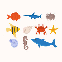 Naklejka premium Set of marine animals on a white background