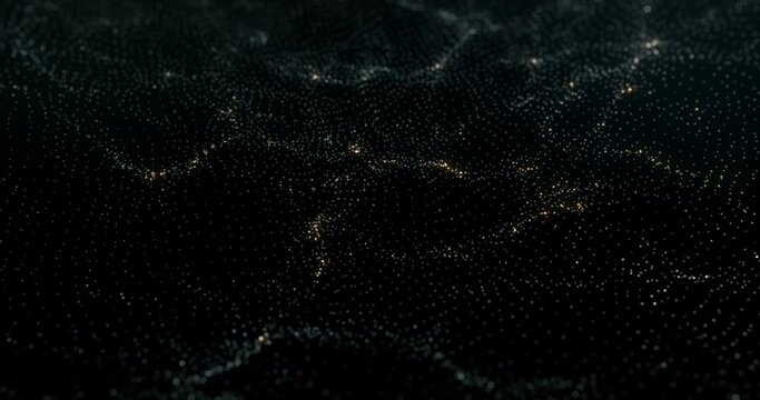 Abstract looped dot background with wavy futuristic shapes and cyan and gold color palette. 3d render