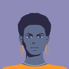 Black woman portrait. Afro American girl with curly hair, necklace and golden earnings. Fashion Illustration