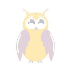 Cute yellow owl with big sly eyes and tassels on the ears. Hand-drawn. Childish cartoon illustration isolated on white background. Neutral color palette.
