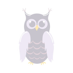 Cute blue owl with big eyes and tassels on the ears. Drawing by hand. Childish cartoon illustration isolated on white background. Neutral color palette.