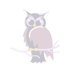 Cute blue owl on a branch. Children's hand drawn illustration isolated on white background. Neutral pastel colors.
