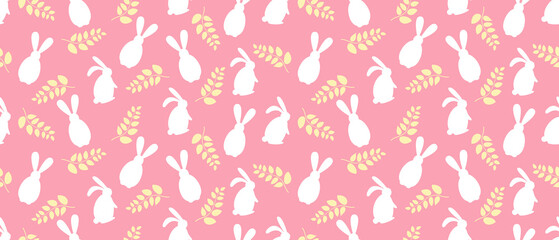 Delicate pink seamless pattern with white rabbits and yellow leaves. Easter horizontal rectangular pattern in a flat minimalistic style.