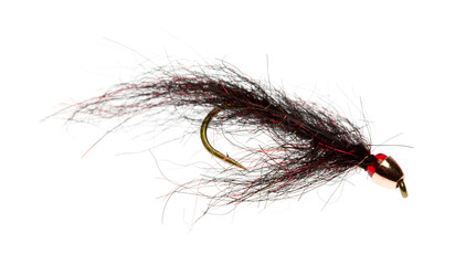 Side view of a black leech fly for trout fishing on a white background.