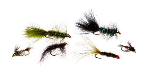 Side view of an assortment of fly fishing trout flies on a white background.