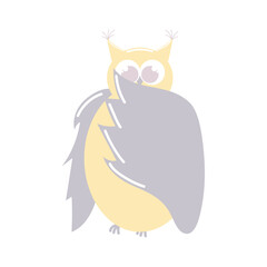 Cute yellow and blue owl hides in its wings. Childish cartoon illustration isolated on white background. Neutral color palette.