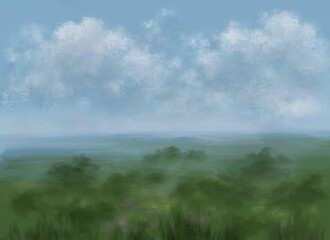 Obraz premium blurred painted landscape of green field and blue sky