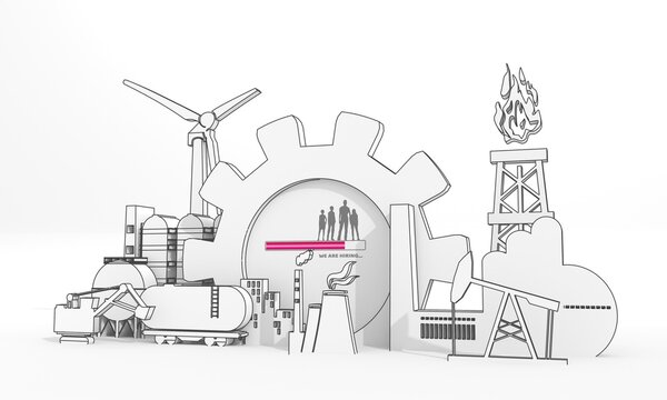 Energy and power industrial concept. Industrial icons and gear with human silhouettes and we are hiring text. 3D Render