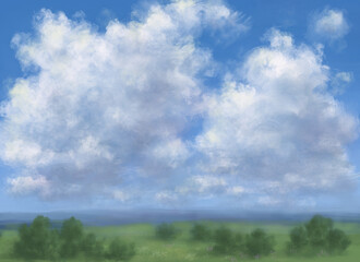 Fototapeta na wymiar summer sky landscape with clouds and small bushes in the meadow