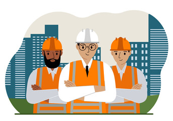 Smiling constructors and construction team on the background of the city and high apartment buildings.