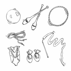 Vector doodle rhythmic gymnastics equipment set - sportwear, halfshoes, clubs, hoops, ribbon, ball. isolated vector - obrazy, fototapety, plakaty