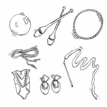 Vector doodle rhythmic gymnastics equipment set - sportwear, halfshoes, clubs, hoops, ribbon, ball. isolated vector