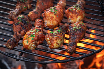 Homemade grilled chicken leg on grill grate with fire.