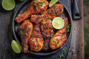 Hot roasted chicken leg on metal grill plate.