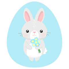 Cute cartoon easter bunny with flowers. Vector illustration