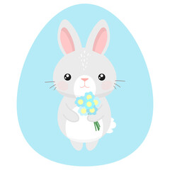 Cute cartoon easter bunny with flowers. Vector illustration