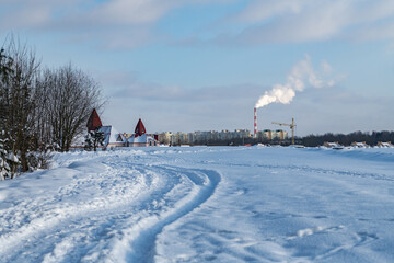 City landscape in winter, on a sunny day.