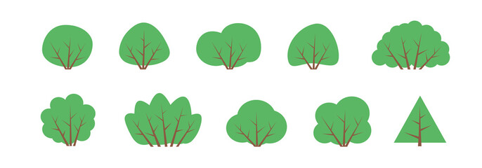 BUSHES. Set of different bush, shrub. Minimal cute nature icons. Flat vector illustration. Collection, various green bushes. Nature design icon of forest. Simple spring, summer illustration.