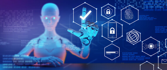 Cybersecurity, cybercrime,  internet scam, 3D robot digital network technology computer virus...