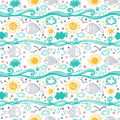 Seamless pattern with ships, yachts and fish.